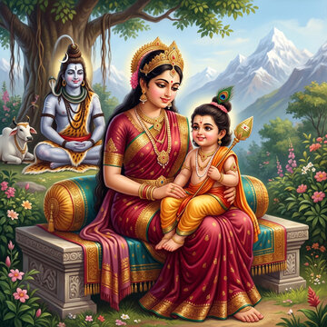 Goddess Parvati Holding Baby Murugan with Lord Shiva in the Himalayas