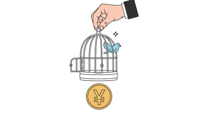 Large hand opening cage door to release blue bird above gold yen coin symbolizing economic freedom and currency market liberalization.