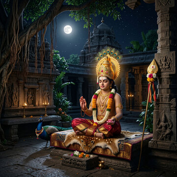 Lord Murugan Meditating in a Temple Courtyard Under Moonlight