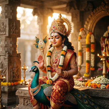 Lord Murugan Seated with Peacock in an Ornate Traditional Temple