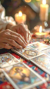 Close-up of hands arranging tarot cards on a table with lit candles, soft focus background creating a mystical ambiance