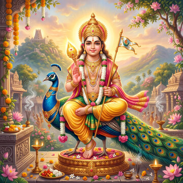 Lord Kartikeya Seated Gracefully on a Peacock with Vel
