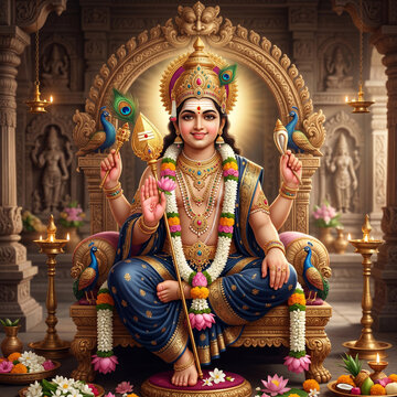 Lord Kartikeya Sitting on a Golden Throne with Peacock Feathers