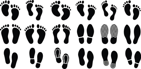 Set of human footprints icon. Foot imprint, footsteps icon collection. Human footprints silhouette. Barefoot, sneaker and shoes footstep icons. Human bare walk footprints shoes and shoe sole Kids feet © Abdul Rehman
