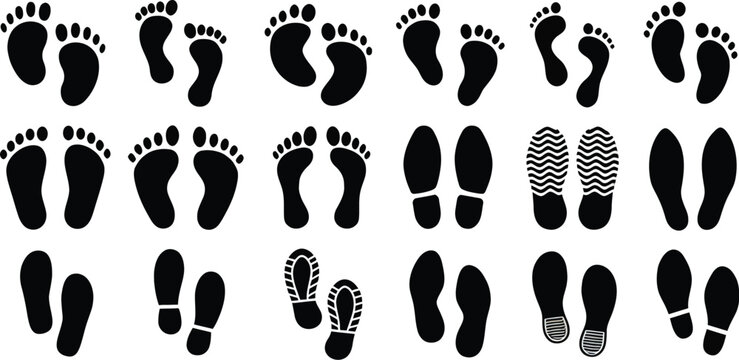 Set of human footprints icon. Foot imprint, footsteps icon collection. Human footprints silhouette. Barefoot, sneaker and shoes footstep icons. Human bare walk footprints shoes and shoe sole Kids feet