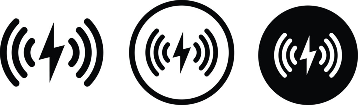 Wireless charging power bolt icon set with circular signal waves in outline and solid black styles for energy and battery technology isolated on white background. Wireless charging icon set for mobile