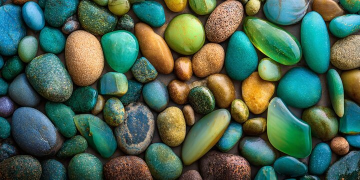 colorful beach stones mosaic background of turquoise blue green and yellow pebbles texture