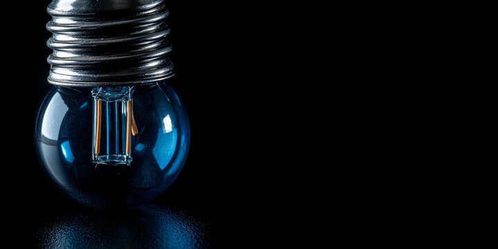 blue filament lightbulb concept with glowing energy and dark background