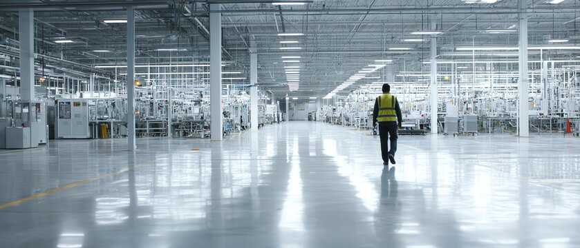 Industrial worker in spacious manufacturing facility.