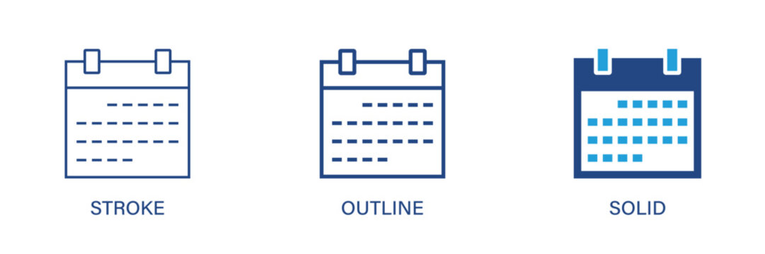 Calendar icon with editable stroke, outline and solid styles. Vector icon illustration.