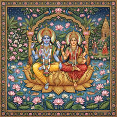 Obraz premium Lord Vishnu and Goddess Lakshmi Seated on Lotus Flower, Traditional Hindu Divine Couple Art