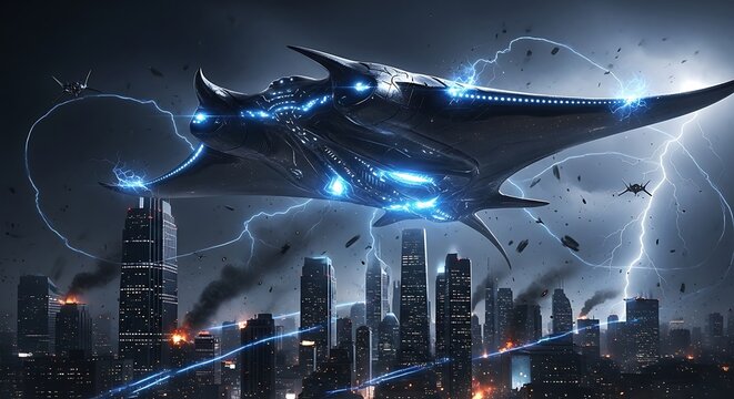 Enormous extraterrestrial spacecraft hovers over a metropolitan area amidst a violent thunderstorm