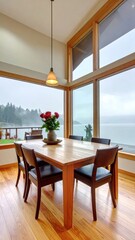Fototapeta premium Bright dining room with large windows overlooking a waterfront view, table and chairs