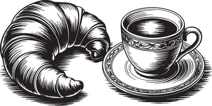 Croissant and coffee cup on saucer, black and white illustration with hatching effect, vintage style, representing breakfast or cafe scene. Vector Illustration