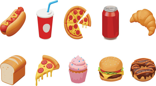 Realistic Cartoon Fast Food Icon Set with Hotdog Pizza Burger Cupcake Donut Croissant Bread Soda Can and Drink Illustration