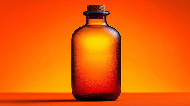 amber glass bottle on fiery orange background for alcohol, medicine, and chemical packaging concept