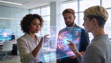 Fototapeta premium Futuristic AI Office With Modern Business Team