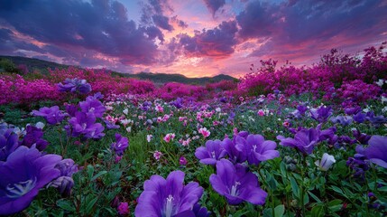 Obraz premium Enchanting Field of Purple Flowers Under a Dramatic Sunset Sky.