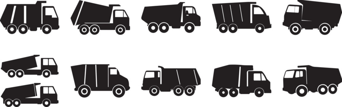 Dump Truck Silhouette Vector Illustration - Heavy Duty Construction Tipper Lorry and Industrial Vehicle Icon Isolated on White