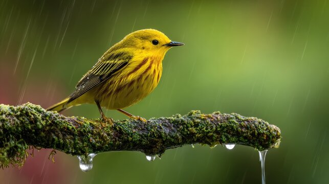 Yellow bird perched on mossy branch in falling rain