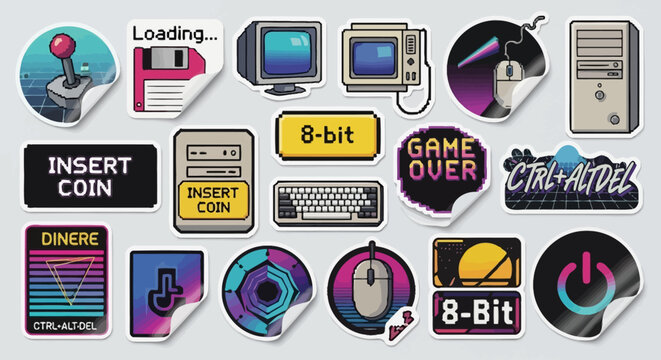 Retro gaming sticker icons set.