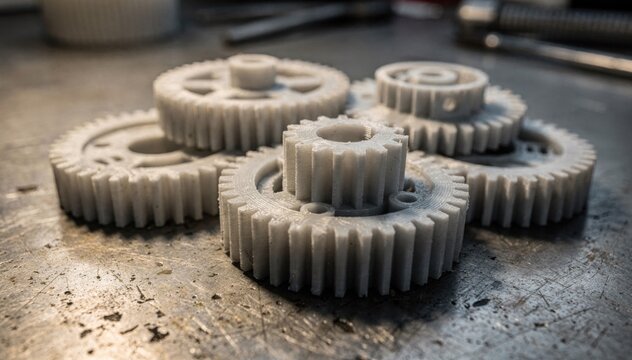 Closeup view of polymer 3D printed gear prototypes on a workbench highlighting intricate tooth details for rapid design evaluation and mechanical testing.