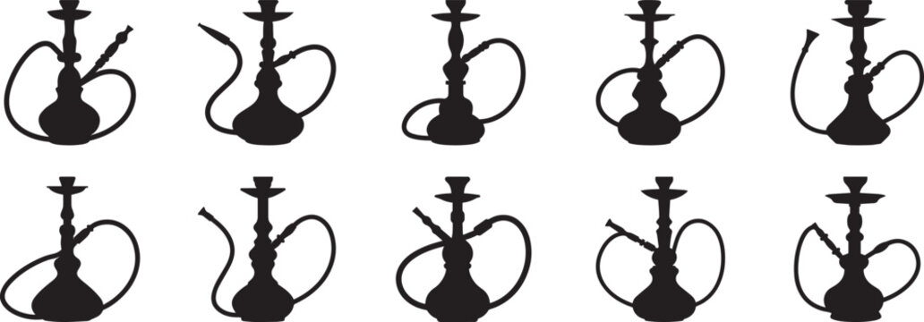 Hookah Shisha Silhouette Vector Illustration - Traditional Oriental Water Pipe Icon for Smoking Lounge Isolated on White
