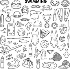 Swimming and Water Sports Equipment Doodle Set. Hand-drawn Outline Collection of Aquatic Gear, Swimwear, and Accessories. © roro