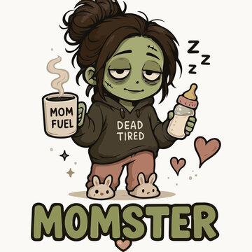 Exhausted zombie mom holding a coffee mug and baby bottle while wearing comfortable pajamas in this humorous parenting lifestyle illustration