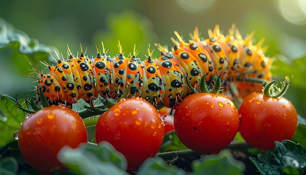 Close-up of a vibrant caterpillar crawling on a tomato plant, featuring ripe red fruits and fresh green leaves, glistening with droplets