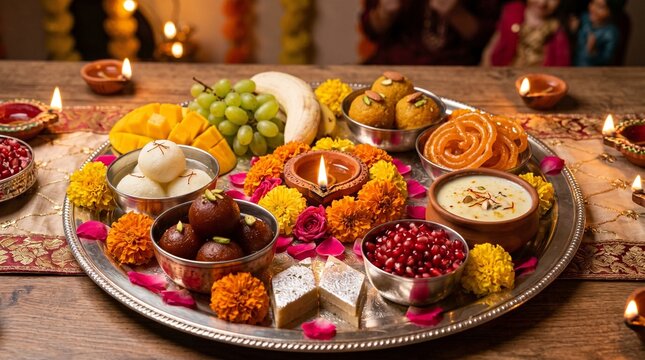 Traditional Indian sweets platter with mangoes and diya lamp for festival