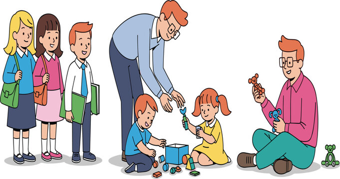 Cartoon Teacher and Children Playing Learning Together with Toys Blocks in Colorful Educational School Scene Illustration