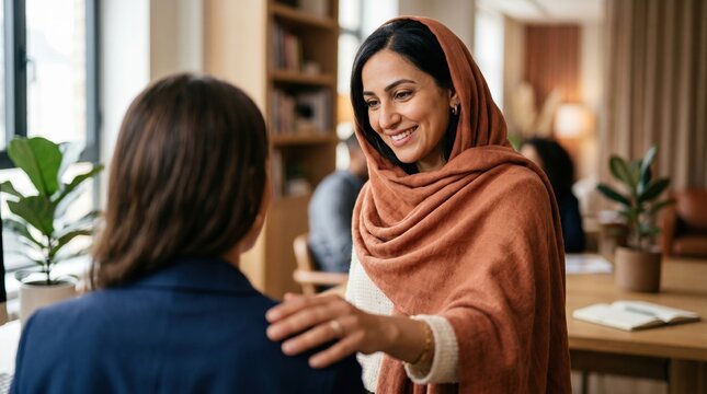 Warm Middle Eastern woman in rust shawl offers comforting hand and smile to colleague in modern office setting, conveying empathy and support