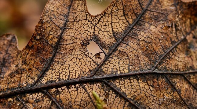 Detailed macro of decaying brown oak leaf showing intricate vein network, texture, small holes and delicate webbing conveying autumnal decay and natural fragility