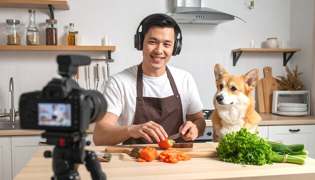 A man films a cooking video in a kitchen with a corgi watching. Fresh produce is on the counter. He wears an apron and headphones