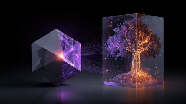 Abstract cube emits energy into crystalline tree of light