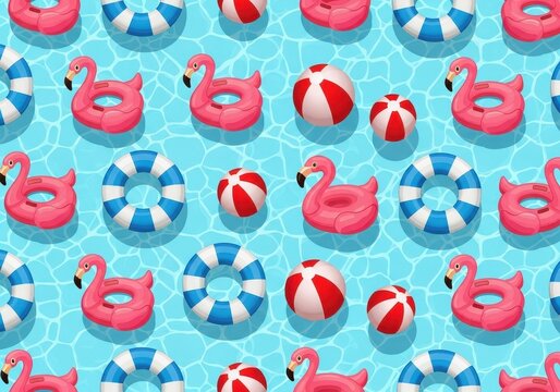 A vibrant seamless pattern featuring pink flamingo floats, beach balls and blue ring floaters