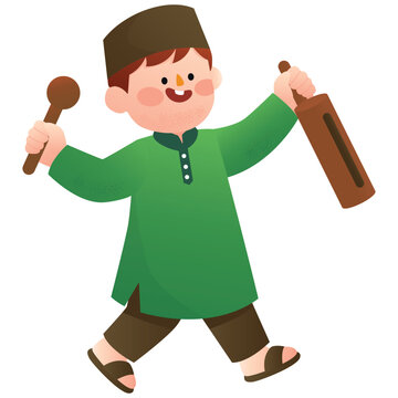 Muslim boy holding a wooden drumstick for Ramadan tradition, suitable for Eid celebration, Islamic culture, and festive children activities.