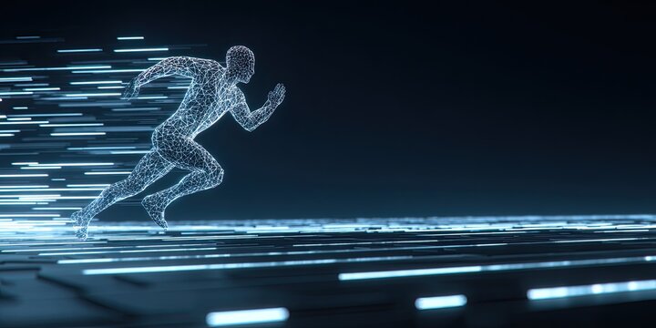 Digital runner streaks across futuristic landscape at high speed