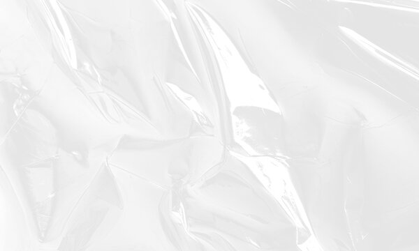 Bright white crinkled plastic texture with intense glossy highlights and folded transparent film. Realistic shiny cellophane wrap mockup background overlay. PNG cutout object.