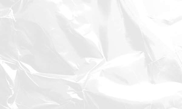 Highly wrinkled plastic wrap texture featuring sharp creases and bright glossy surface reflections. Clear crumpled cellophane stretch film overlay material. Isolated PNG element.