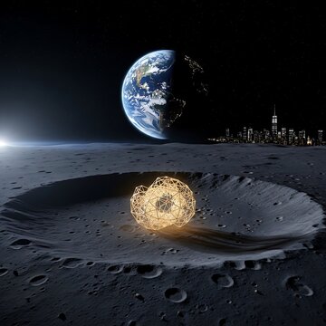 Illuminated geometric structure rests inside a lunar crater overlooking the distant Earth and city lights