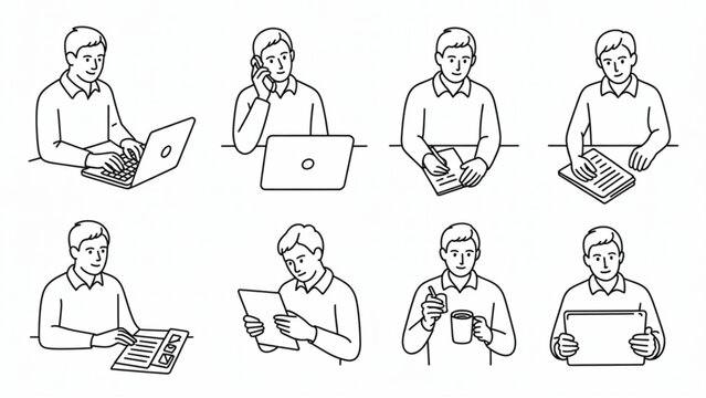Modern Office Workflow Line Art Set  Business Tasks and Daily Work Activities