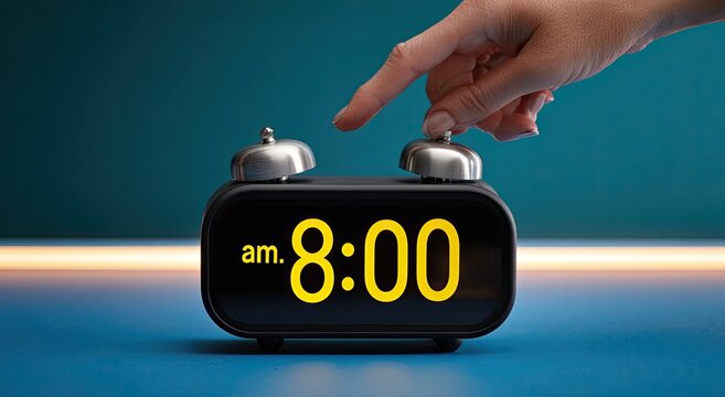 Close up of a hand pressing the snooze button on a retro alarm clock showing 8 -00 AM.