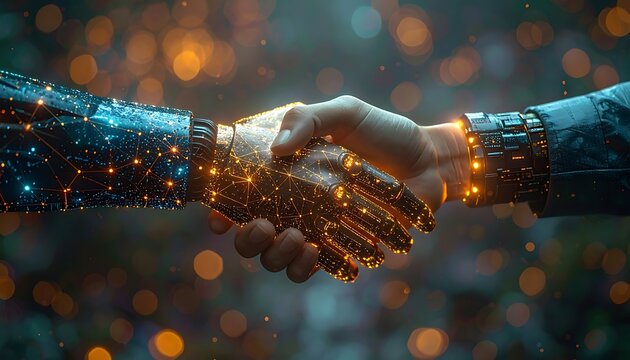 Close-up of human and robotic hands shaking, interconnected with glowing, golden digital threads against a blurred background