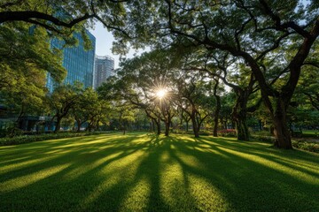 Obraz premium Sunlight streams through leafy trees onto a manicured lawn in a park