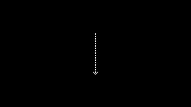 down arrow direction icon with dotted line animation on a Black background. dot arrows icon sign animated with alpha channel. white straight arrows animation.