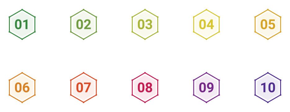 Minimalist colorful numbered hexagonal icons. digits 01 to 10, thin outline hexagons, pastel colored borders. for clean infographic steps, corporate timeline ui elements. isolated vector.