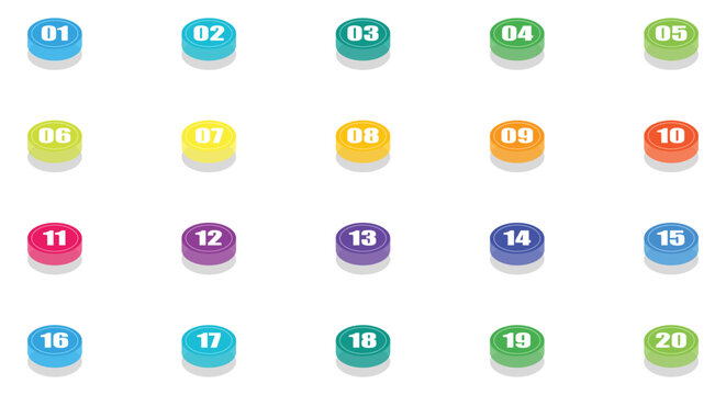 Isometric 3d cylinder bullet points set. colorful round button badges, circle tags one to twenty. for infographic step layout, modern presentation slide, UI list. scalable eps graphic.