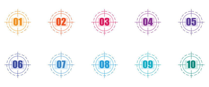 Minimalist crosshair target bullet points set. colorful outline circle badges, round tags one to ten. for infographic step layout, presentation slide, UI list. isolated vector graphic.